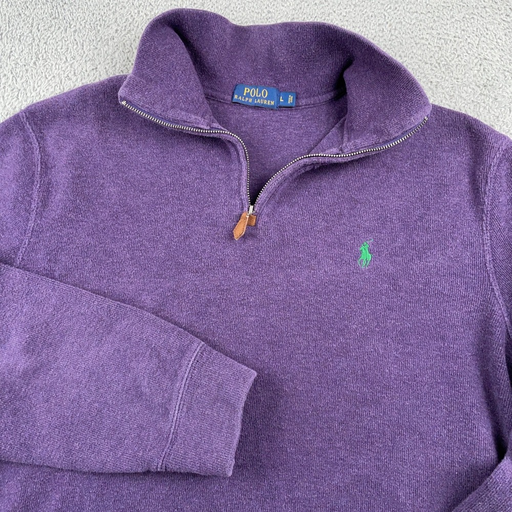 Polo Ralph Lauren Sweater Mens Large Purple 1/4 Zip Cotton Pullover Pony Logo
